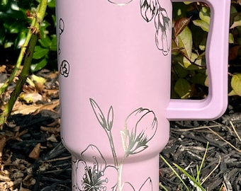 Simple Modern Laser Engraved Cherry Blossoms 40oz Trek Style Custom Tumbler, Full Seamless Floral Wrap, Double Wall Insulated, Leak Proof