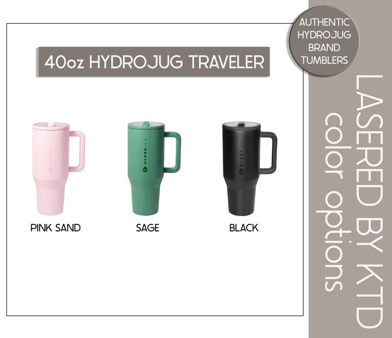 three different 40oz HydroJug Traveler tumblers in various colors: pink sand, sage, and black.