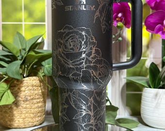 Roses Laser Engraved 40oz Tumbler with Handle Lid and Straw, Custom Engraved Seamless Floral Tumbler, Double Wall Insulated Cup