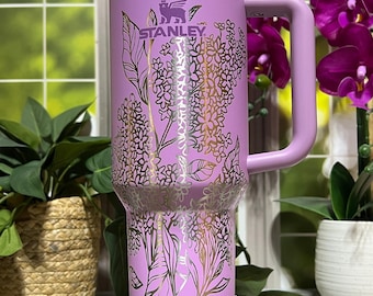 Lilacs Laser Engraved 40oz Tumbler with Handle Lid and Straw, Custom Engraved Seamless Floral Tumbler, Double Wall Insulated Cup