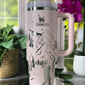 Funny Bigfoot Tumbler | Snarky Sasquatch 40oz Cup | Mountain Scene Mug | Laser Engraved | Gift for Him | Insulated with Handle