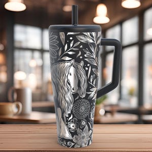 Gobelet floral cheval gravé au laser, tasse isolée en acier inoxydable 40 oz