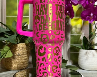 Laser Engraved Leopard Print Tumbler, 40oz Hot Pink & Gold Insulated Stainless Steel Travel Cup