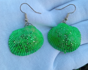 Handmade Green Seashell Earrings: Glitter Dangle Drop Jewelry