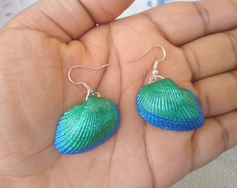 Handmade Green & Blue Painted Seashell Earrings