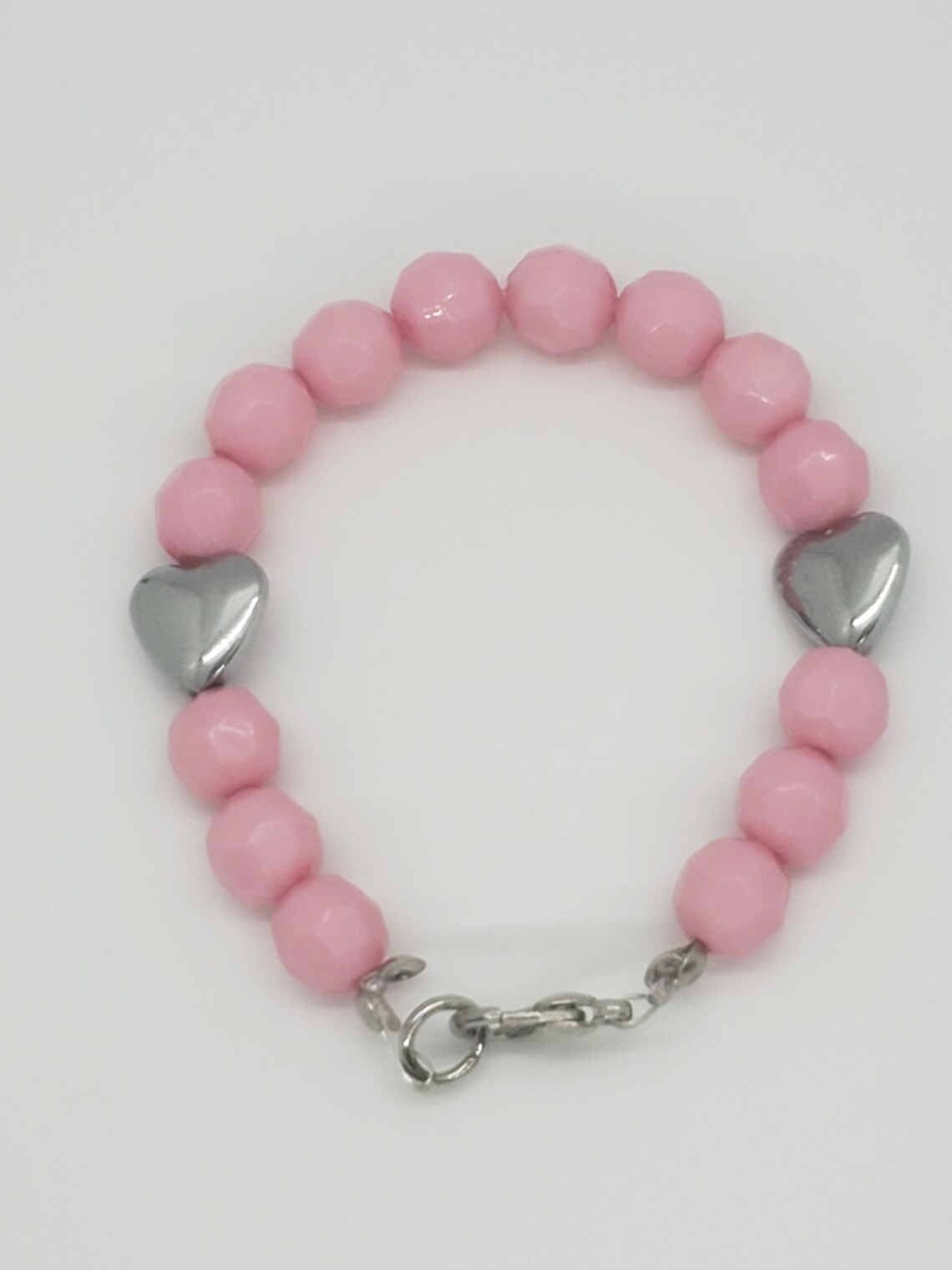Pink beaded kid's bracelet with silver hearts Etsy