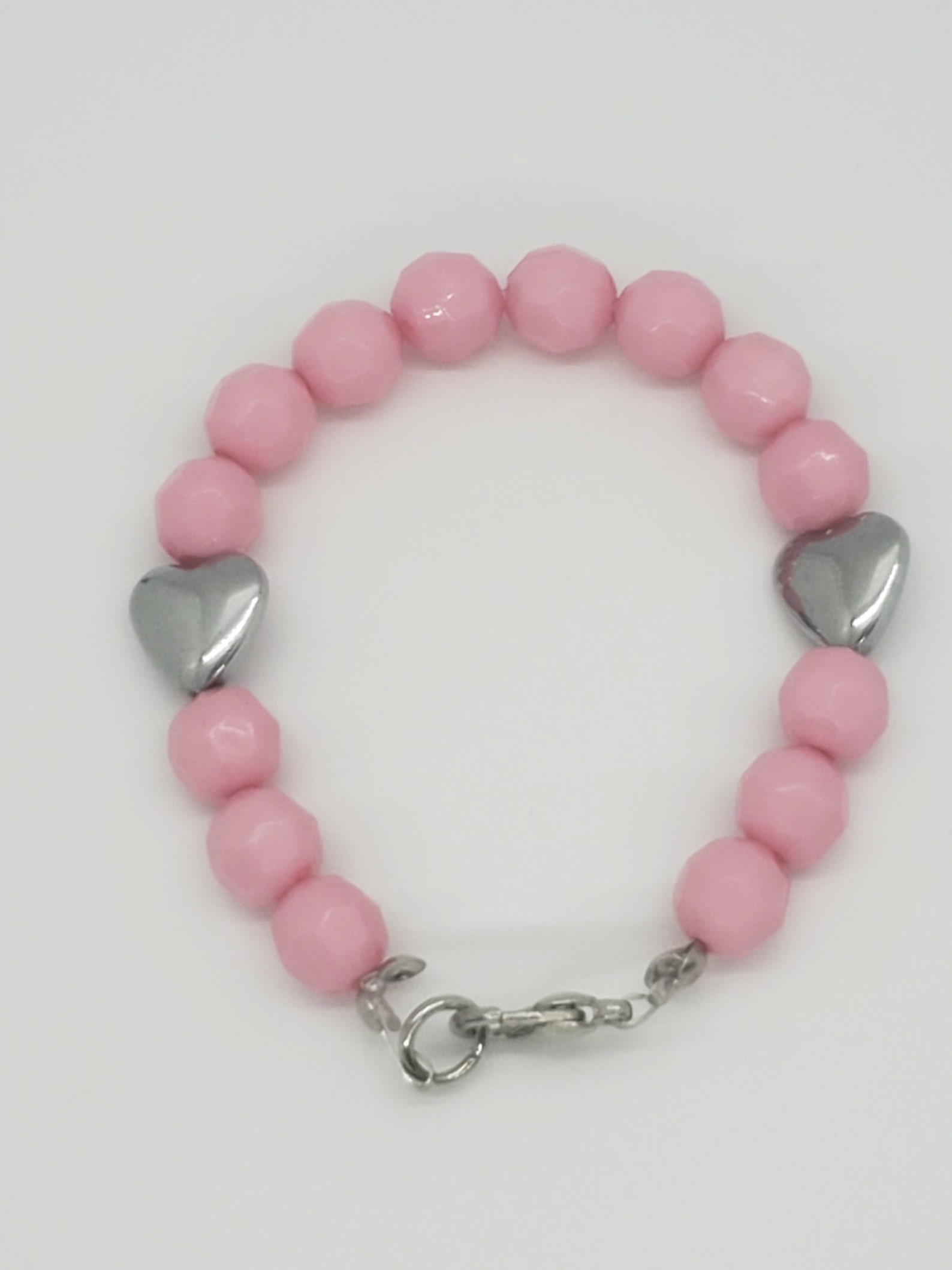 Pink beaded kid's bracelet with silver hearts Etsy