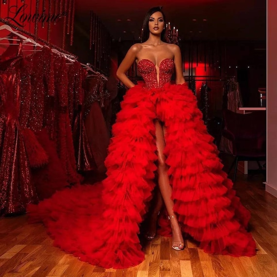 Hot Red Tulle Dress Red Strapless High Slit Tulle Dress - Etsy
