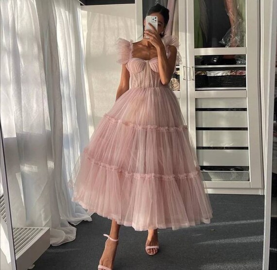 Sevintage Light Pink Prom Dress Spaghetti Straps Tiered Tulle - Etsy UK