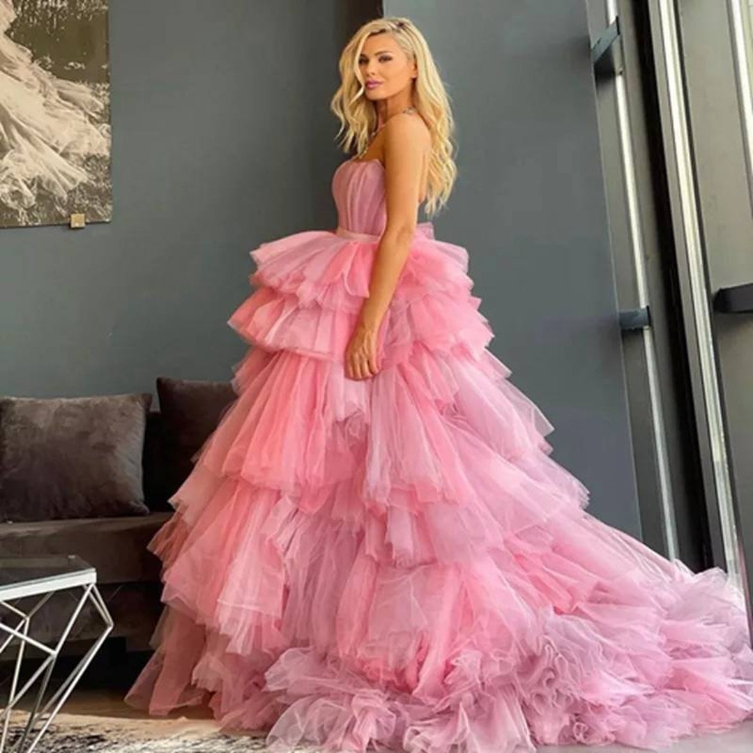 Luxury Pink Ruffles Tulle Dress Strapless Pink Mesh Ruffles Etsy