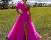 Luxury One Sleeve V Neck Puff Organza Long Slit Floor Length Maxi Gown, Women Wedding Party and Evening Party Dress.