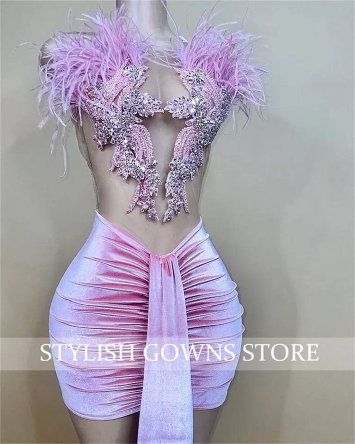 Light Pink Beaded Velvet Dress Feather Mini Dress Birthday Etsy