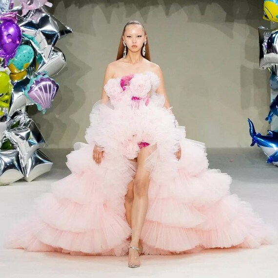 pink ruffle strapless dress