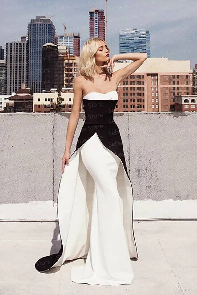 Elegant Black and White Strapless Gown Sleeveless High Slit - Etsy Singapore