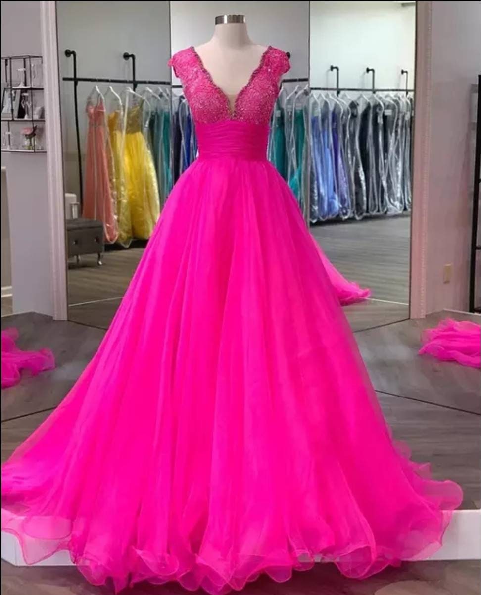 Hot Pink V Neck Beading Tulle Dresscap Sleeves Zipper Back - Etsy Singapore