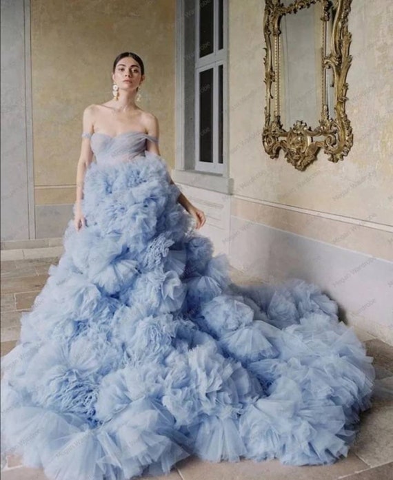 Janecardi Extra Puffy Ruffles Tulle Long Dress, A-Line Sweetheart Strapless Sheer Pleated Robe