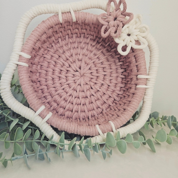 Handmade Macrame Coil Basket - Wild Rose - Flower Accent - Nursery Decor - Baby Shower Gift