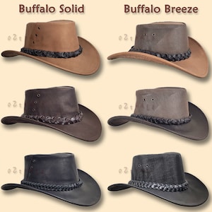 Chapeau en cuir BUFFALO oZtrALa Australian Outback Breezer Western Cowboy Mesh Homme Femme Enfant Jacaru Noir Marron Tan HLBS HLBB image 1