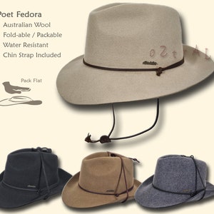 May include: A beige felt fedora hat with a brown leather band and chin strap. The hat is packable and water resistant. The hat is made of Australian wool. The text "Poet Fedora" is visible in the image.