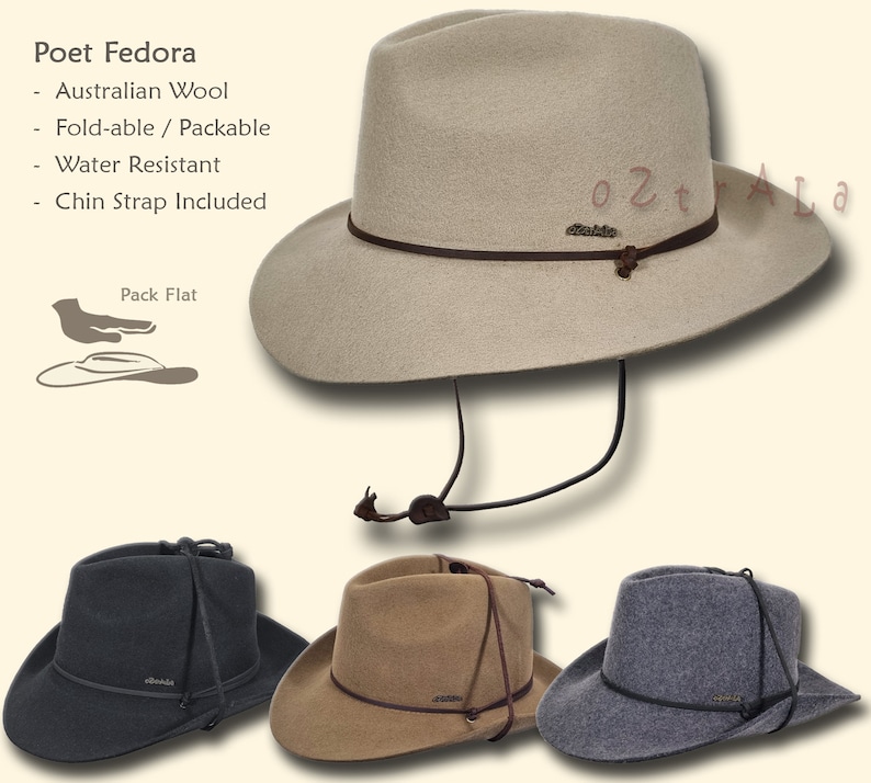 May include: A beige felt fedora hat with a brown leather band and chin strap. The hat is packable and water resistant. The hat is made of Australian wool. The text "Poet Fedora" is visible in the image.