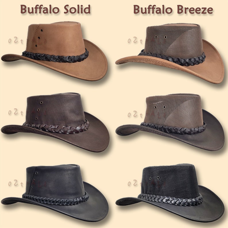 Chapeau en cuir BUFFALO oZtrALa Australian Outback Breezer Western Cowboy Mesh Homme Femme Enfant Jacaru Noir Marron Tan HLBS HLBB image 1