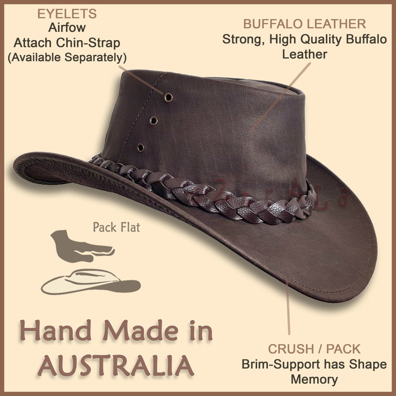 Chapeau en cuir BUFFALO oZtrALa Australian Outback Breezer Western Cowboy Mesh Homme Femme Enfant Jacaru Noir Marron Tan HLBS HLBB image 4