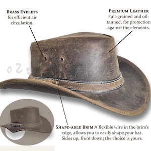 Puede incluir: Un sombrero de vaquero de cuero marr&oacute;n desgastado con ala moldeable. Incluye ojales de lat&oacute;n para la circulaci&oacute;n del aire y cuero de plena flor de primera calidad. El ala tiene un alambre flexible para darle forma. El sombrero est&aacute; dise&ntilde;ado para proteger contra los elementos.