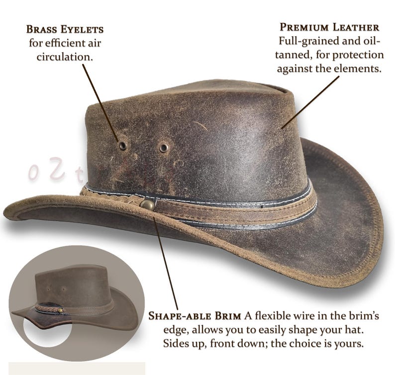 Puede incluir: Un sombrero de vaquero de cuero marr&oacute;n desgastado con ala moldeable. Incluye ojales de lat&oacute;n para la circulaci&oacute;n del aire y cuero de plena flor de primera calidad. El ala tiene un alambre flexible para darle forma. El sombrero est&aacute; dise&ntilde;ado para proteger contra los elementos.
