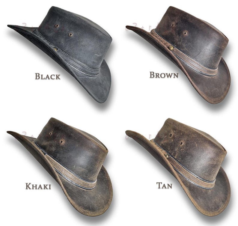 Puede incluir: Cuatro sombreros de vaquero de cuero en negro, marr&oacute;n, caqui y beige. Cada sombrero tiene un ala ancha, una banda de cuero alrededor de la corona y dos ojales a los lados. Las palabras "BLACK", "BROWN", "KHAKI" y "TAN" est&aacute;n impresas debajo.