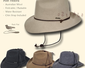 HAT 【oZtrALa】 Laine australienne Chapeau en feutre Cuir Menton-Strap Outback Cowboy Western Fedora Hommes Femmes Aussie Poète HW04