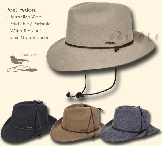 HAT 【oZtrALa】 Australian Wool Felt Hat Leather Chin-Strap Outback Cowboy Western Fedora Men Women Aussie Poet HW04
