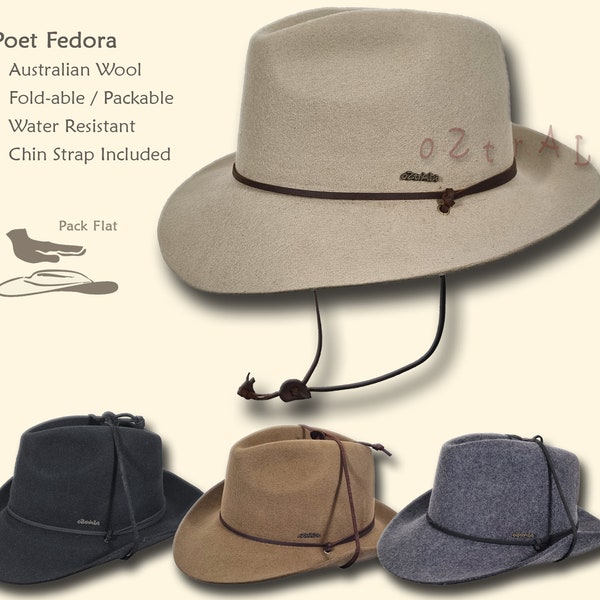 HAT 【oZtrALa】 Australian Wool Felt Hat Leather Chin-Strap Outback Cowboy Western Fedora Men Women Aussie Poet HW04