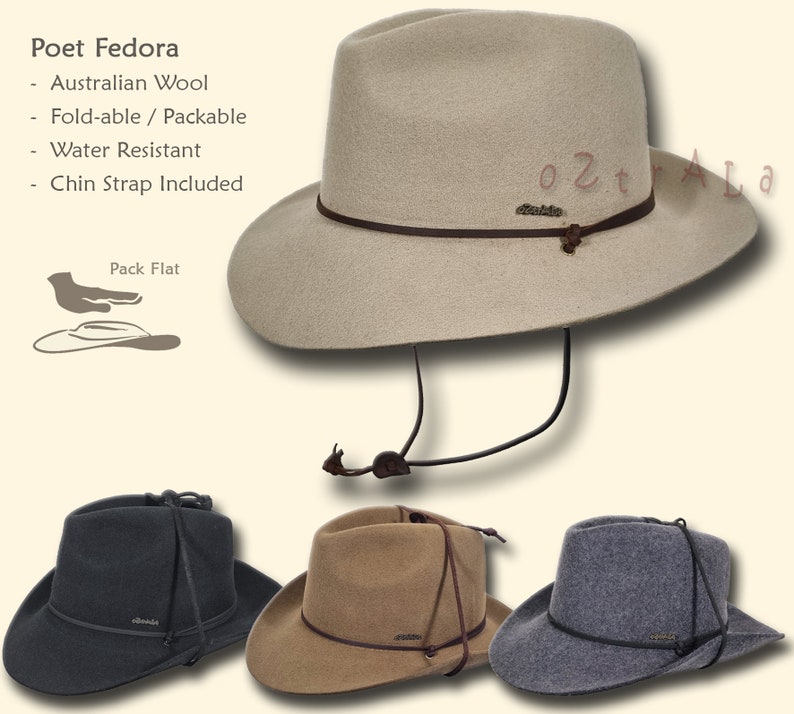 May include: A beige felt fedora hat with a brown leather band and chin strap. The hat is packable and water resistant. The hat is made of Australian wool. The text "Poet Fedora" is visible in the image.
