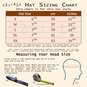 Puede incluir: Tabla de tallas de sombreros con medidas en cent&iacute;metros y pulgadas. Las tallas van de S a XX, con medidas correspondientes de 55 cm a 63 cm (21 5/8 pulgadas a 24 3/4 pulgadas). Incluye instrucciones para medir la circunferencia de la cabeza.