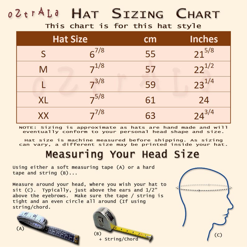 Puede incluir: Tabla de tallas de sombreros con medidas en cent&iacute;metros y pulgadas. Las tallas van de S a XX, con medidas correspondientes de 55 cm a 63 cm (21 5/8 pulgadas a 24 3/4 pulgadas). Incluye instrucciones para medir la circunferencia de la cabeza.