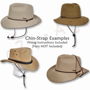 May include: Four different hats with chin straps. The hats are all made of a brown felt material. The text "Chin-Strap Examples" is written in black on a white background. The text "Fitting Instructions Included (Hats NOT Included)" is written in black on a white background.