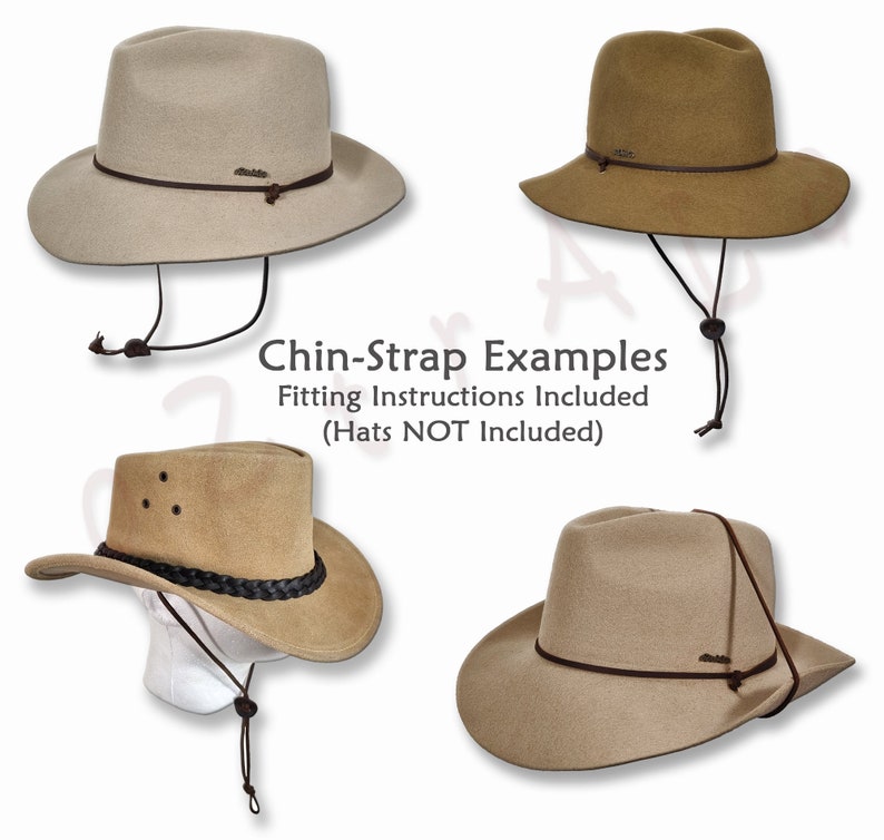May include: Four different hats with chin straps. The hats are all made of a brown felt material. The text "Chin-Strap Examples" is written in black on a white background. The text "Fitting Instructions Included (Hats NOT Included)" is written in black on a white background.