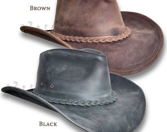 LEATHER Cowboy HAT【oZtrALa】Australian Outback Aussie Western Men Women Black Brown Bush Camping Horse Riding Nubuck DESPERADO HL33