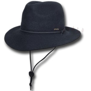 May include: A black felt fedora hat with a wide brim and a black chin strap. The hat has a gold label that says "Goorin Bros."