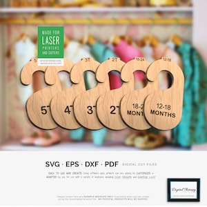 May include: Wooden baby clothes size dividers with numbers and months printed on them. The dividers are in a row, with sizes ranging from newborn to 18-24 months. The text "MADE FOR LASER PRINTERS AND CUTTERS" is also visible.