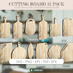 May include: A collection of twelve wooden cutting boards in various shapes, including rectangular, oval, and paddle designs. The boards have a light wood grain finish. Text at the top reads "CUTTING BOARD 12 PACK". Below the boards is the text "SVG • PNG • EPS • PDF • DFX".