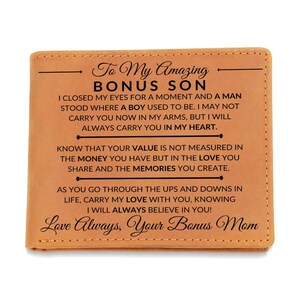 Geschenk für meinen Bonus-Sohn von seiner Bonus-Mama - Ich habe meine Augen geschlossen - Benutzerdefinierte zweifache Ledergeldbörse für Herren - Tolles Weihnachtsgeschenk oder Geburtstagsgeschenk