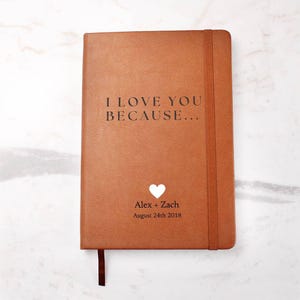 Diário de couro personalizado - Eu te amo porque - Caderno de couro personalizado para quem você ama - Presente de casamento ou aniversário - Carta de amor