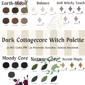 Może przedstawiać: Cyfrowa paleta artystyczna "Dark Cottagecore Witch Palette" z próbkami kolorów. Paleta zawiera odcienie ziemi, ciemne odcienie i kolory akcentujące, z tekstem wskazującym 30 kodów HEX i próbek Procreate.