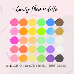 Op de afbeelding: Een digitaal kunstpalet getiteld "Candy Shop Palette" met 30 kleurrijke stalen in tinten roze, oranje, geel, groen, blauw, bruin en meer. De tekst hieronder luidt "30 HEX CODES PDF | 30 PROCREATE SWATCHES | DIRECT DOWNLOADEN".