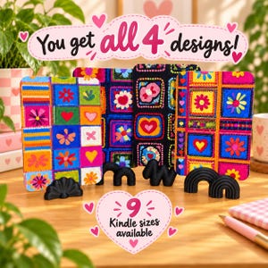May include: Four rectangular Kindle covers featuring vibrant, multi-colored patchwork patterns with embroidered flowers and hearts. The text "You get all 4 designs!" and "9 Kindle sizes available" is displayed in pink and black decorative bubbles.