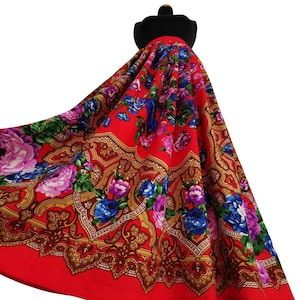 Red folk dress wool skirt ethnic fabric colorful flowers carpathian slavic poland highlanders folklore, handmade, made to measure