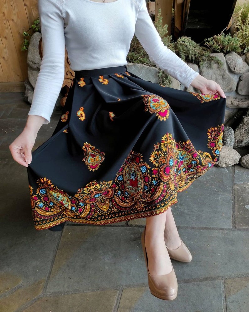Skirt folk dress highlander culture polish folklore style black slavic turkish pattern ethno fabrics carpathian festival podhale zdjęcie 2
