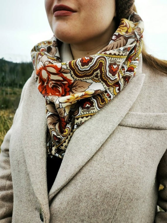 Wool Snood Scarf Babushka Folk Pattern Flower Pattern Brown - Etsy