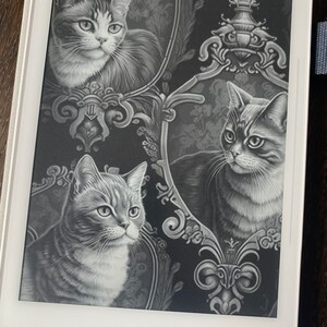May include: Black and white illustration of three cats in ornate frames. The cats are looking directly at the viewer. The background is a black and white pattern.